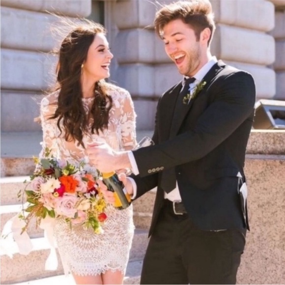 ML Monique Lhuillier White & Beige nude Lacey Cocktail formal Dress xs 3D Sz 2 - Picture 16 of 17